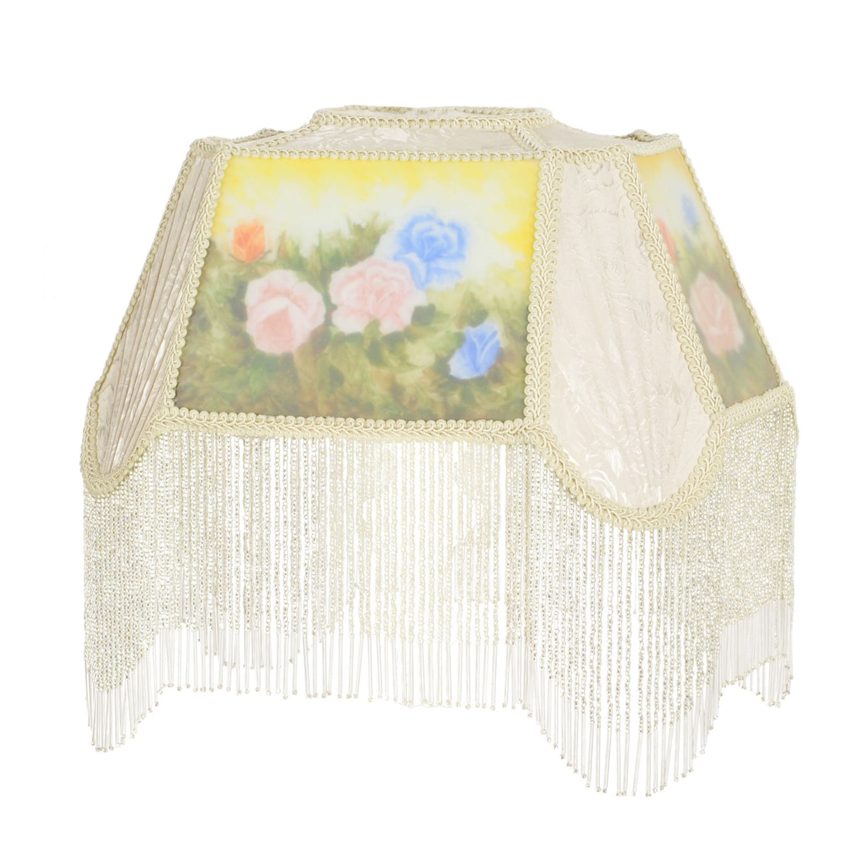 Reverse painted fabric shade with floral design and delicate fringe trim.