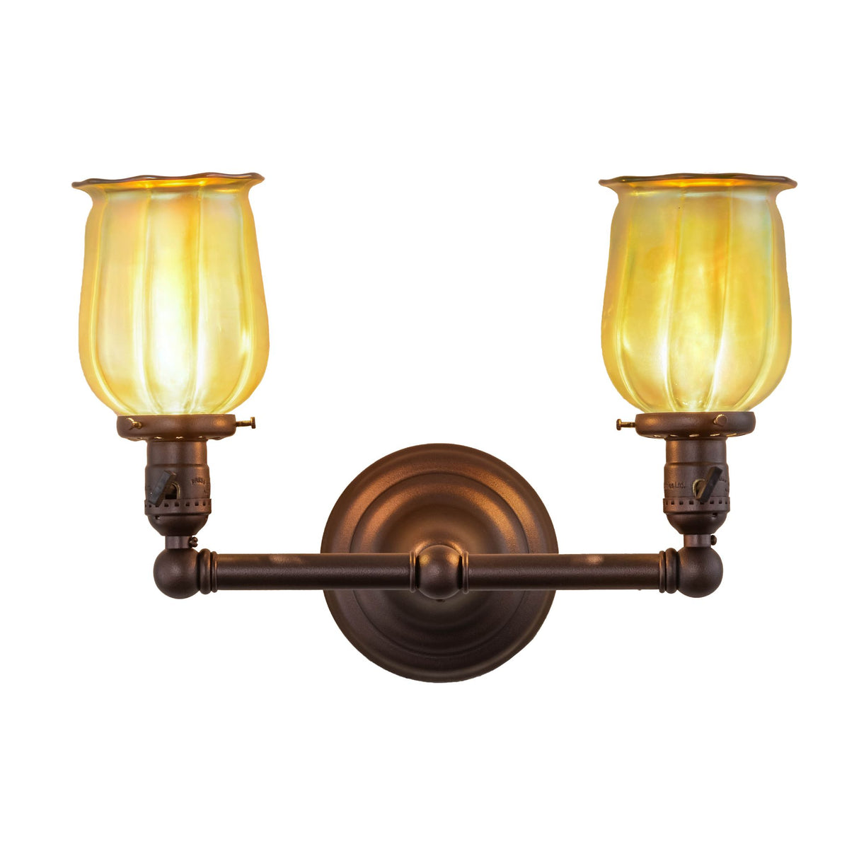 Front-lit view of the Revival Chelsea Favrile wall sconce with two glowing glass shades.