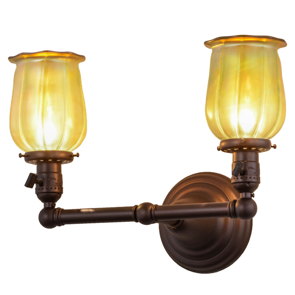 Lit view of wall sconce with dual Gold Iridescent glass shades and a Mahogany Bronze finish.