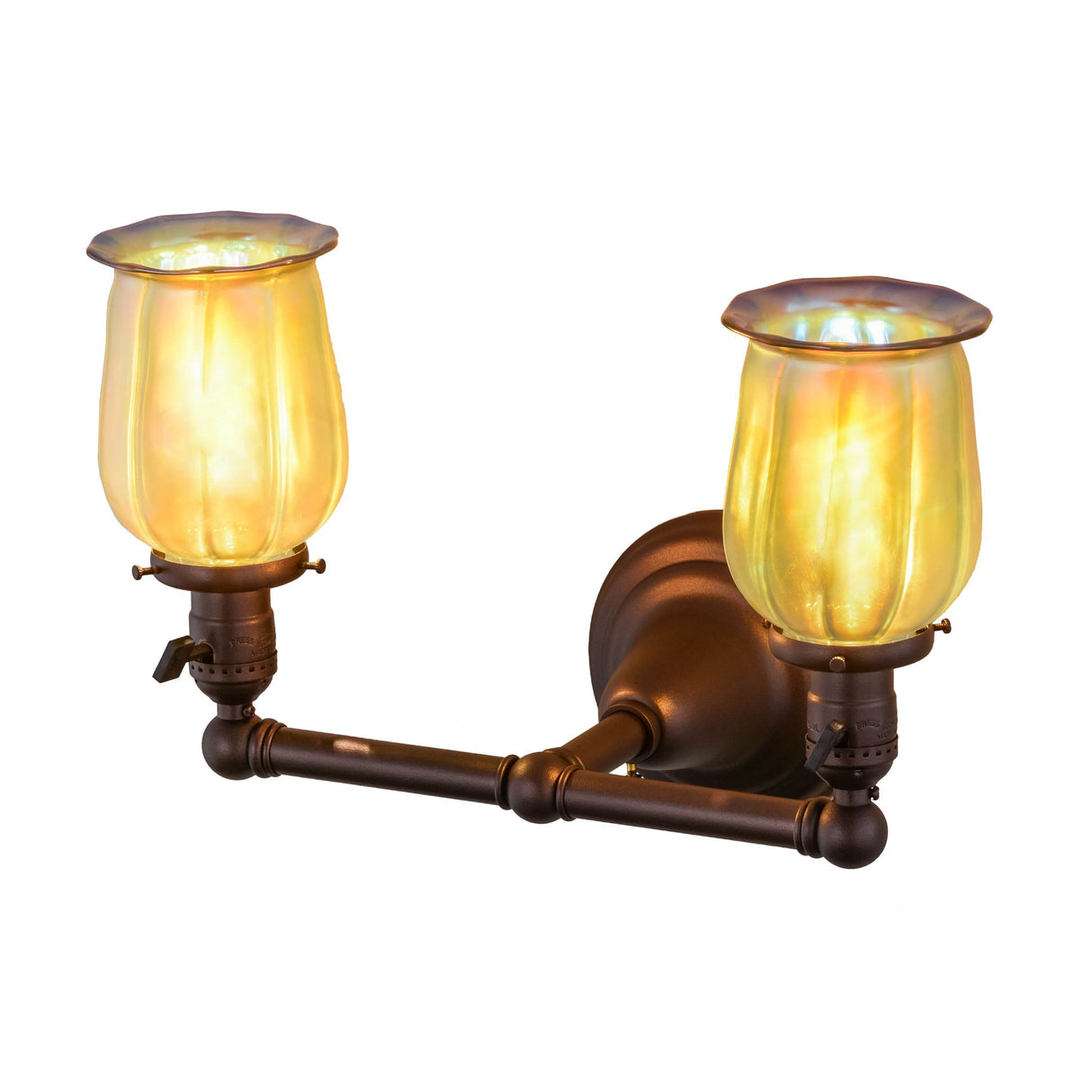 Top view of the Revival Chelsea Favrile wall sconce with two glowing glass shades.