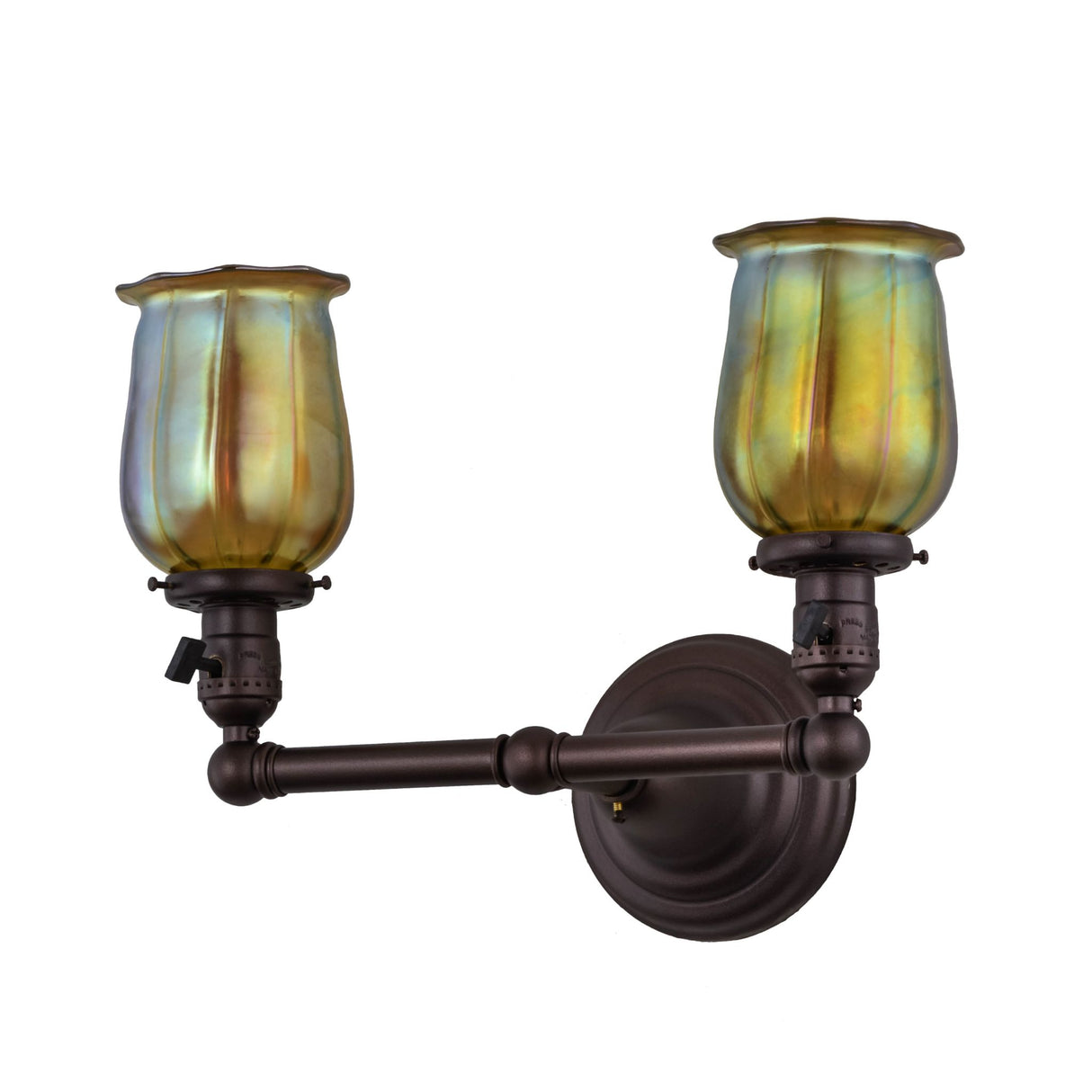 Unlit view of the Revival Chelsea Favrile wall sconce showcasing its Gold Iridescent glass shades.