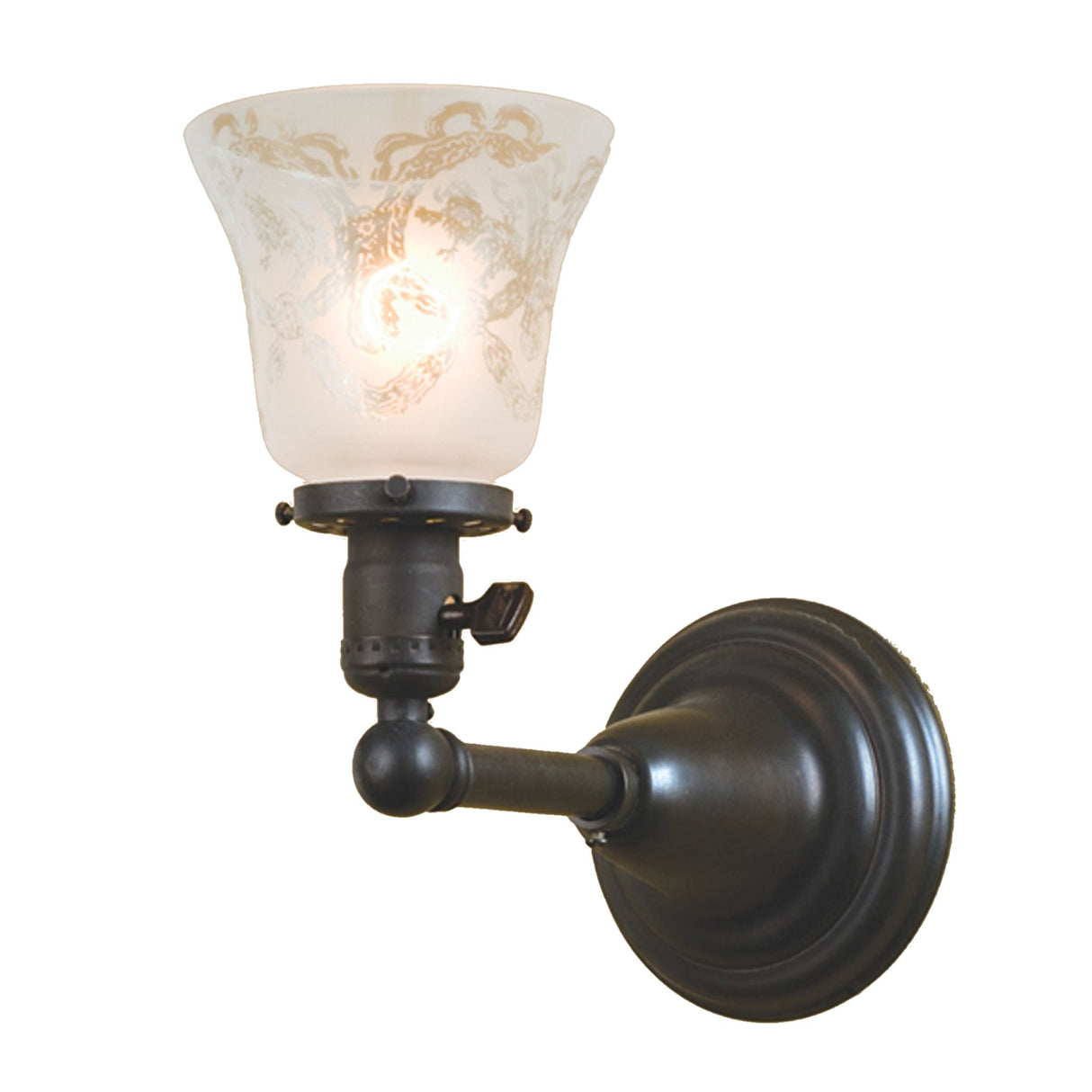 Wall sconce with a Wreath and Garland patterned glass shade and Craftsman Brown finish.