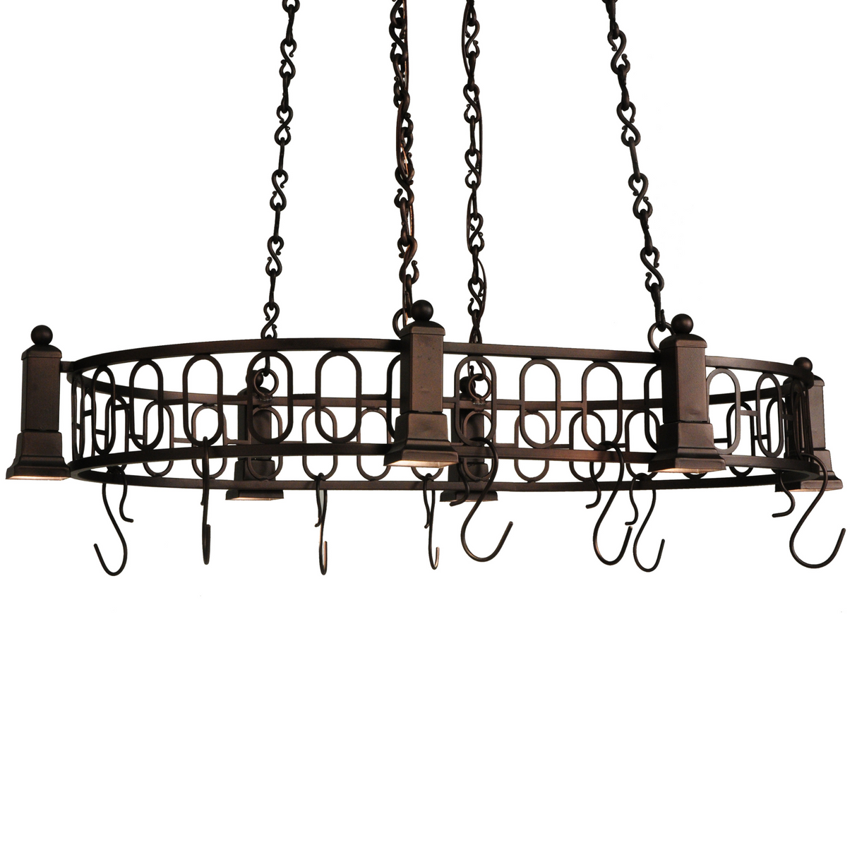 Angle view of Revival Deco 6-light pot rack chandelier.