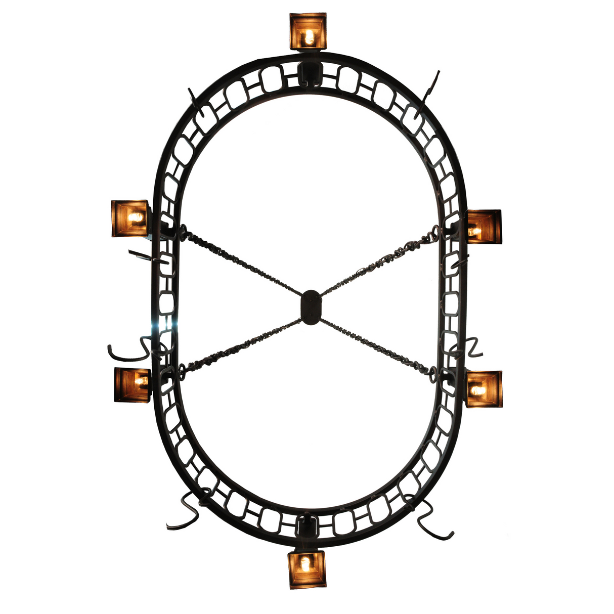 Bottom view of Revival Deco pot rack showing illuminated halogen downlights.