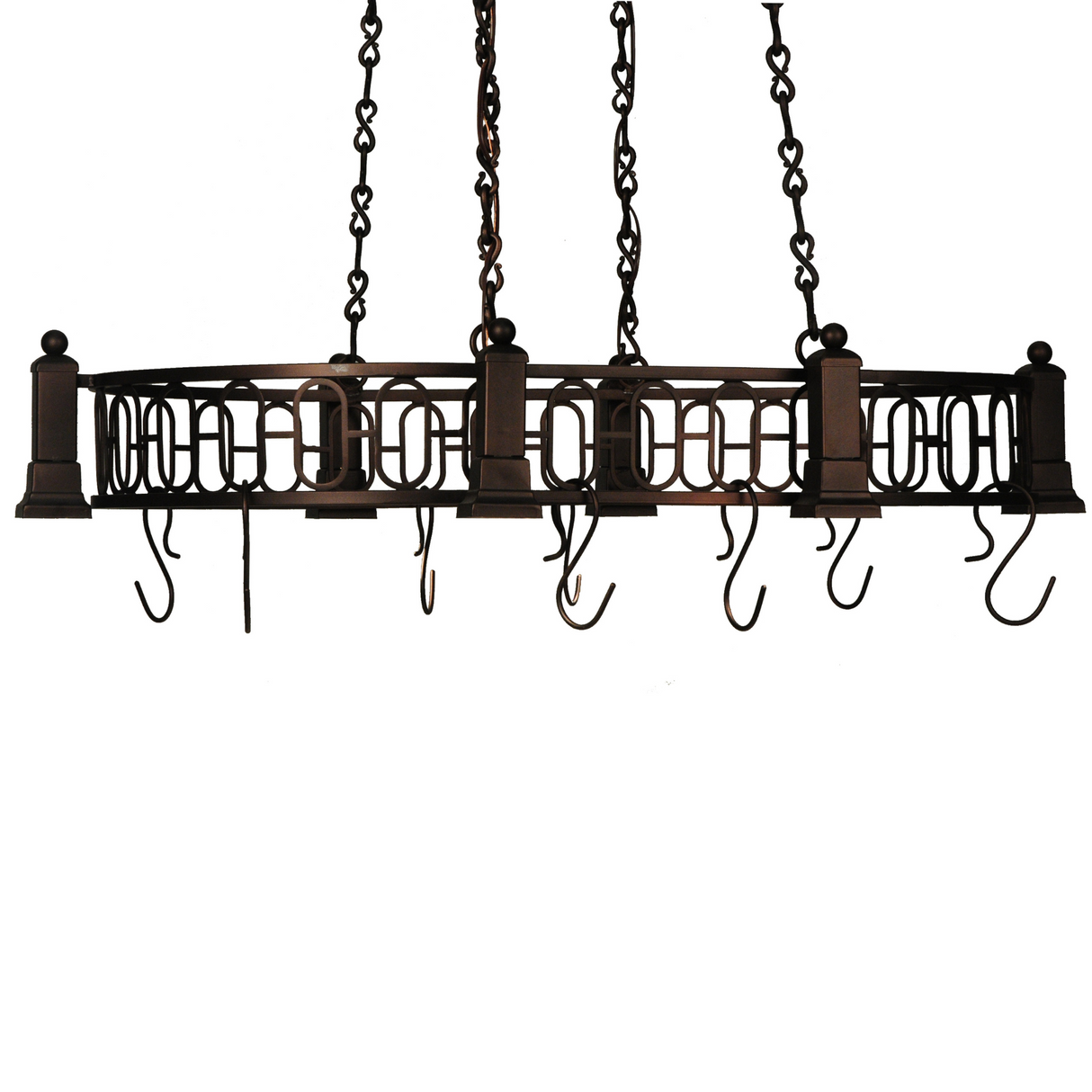 Front view of oval Revival Deco 6-light pot rack.