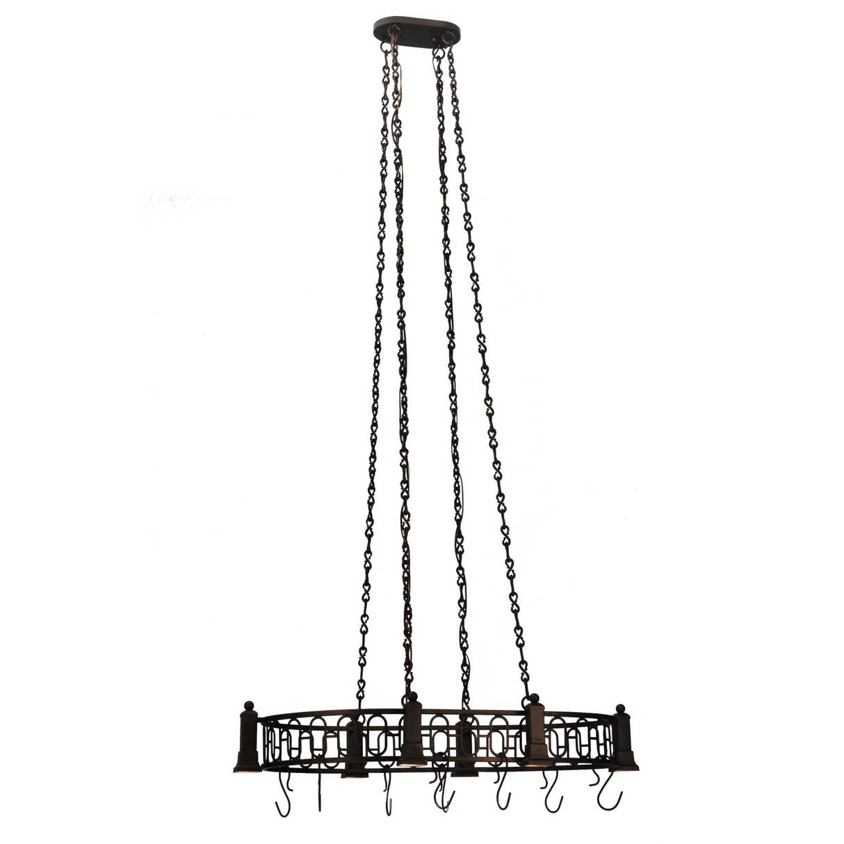 Full length hanging view of Revival Deco pot rack chandelier.