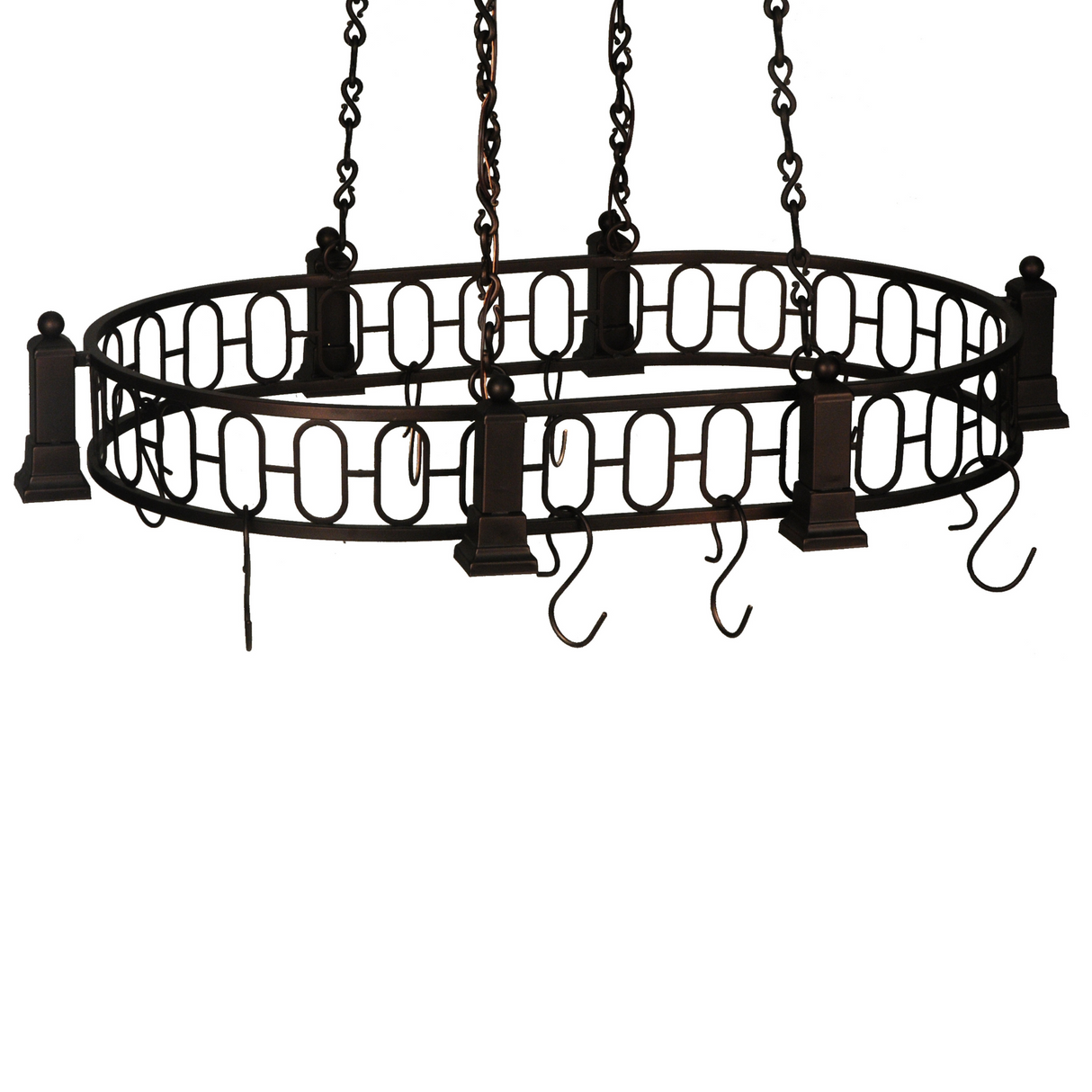 Side view of Revival Deco 6-light pot rack with oval frame and hooks.