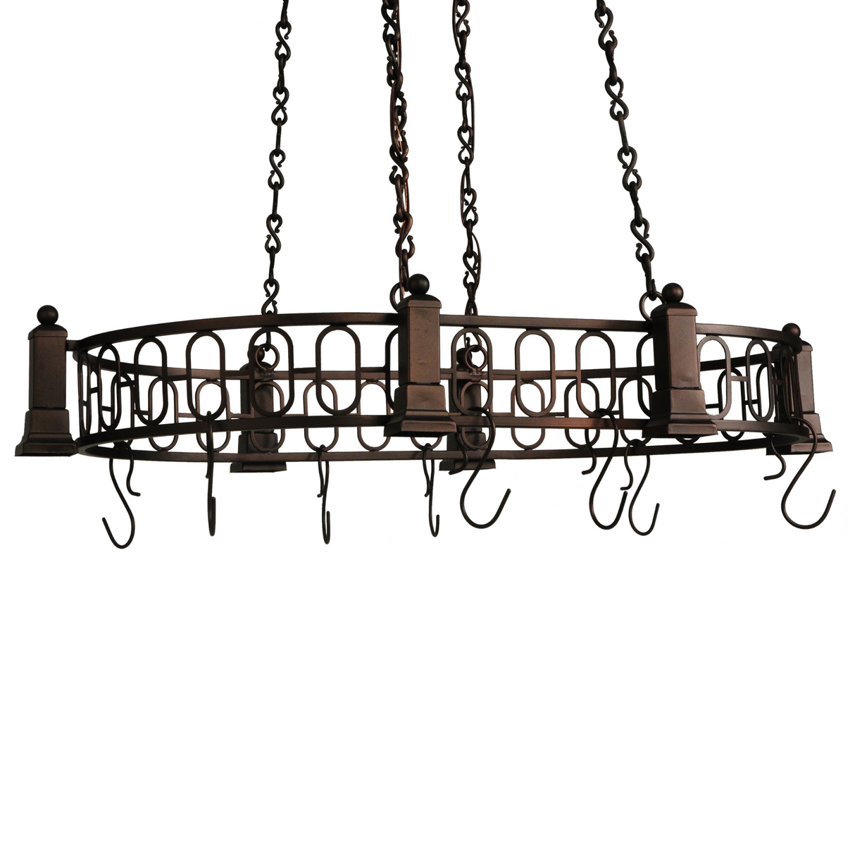 Angled view of Revival Deco 6-light pot rack with mahogany bronze finish.