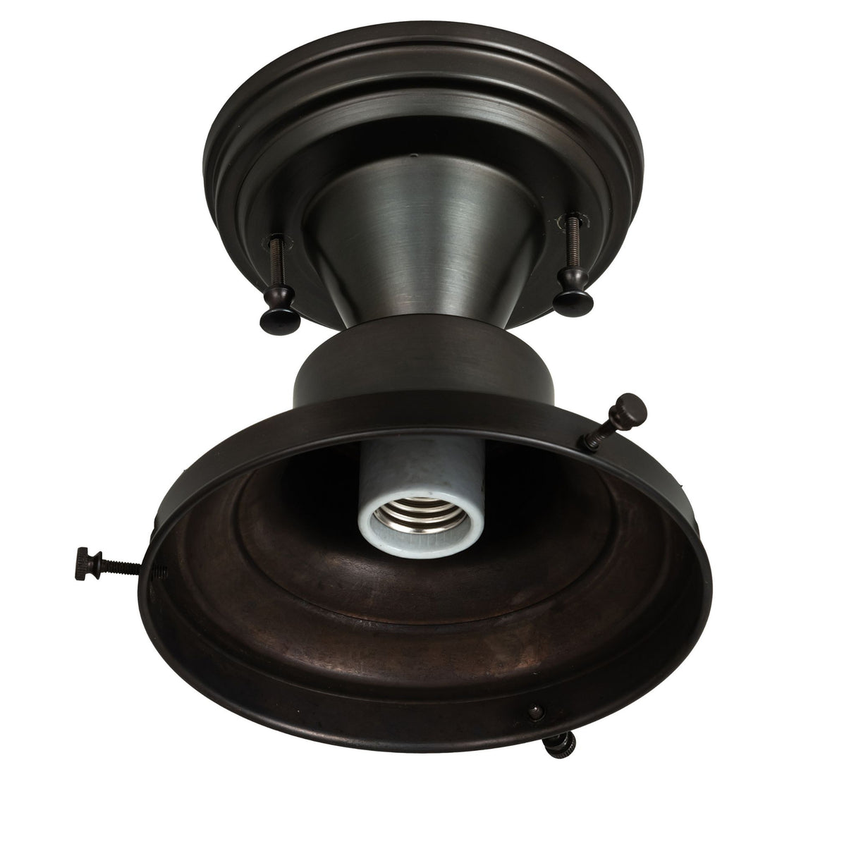 Black patina flushmount light fixture with open socket view.