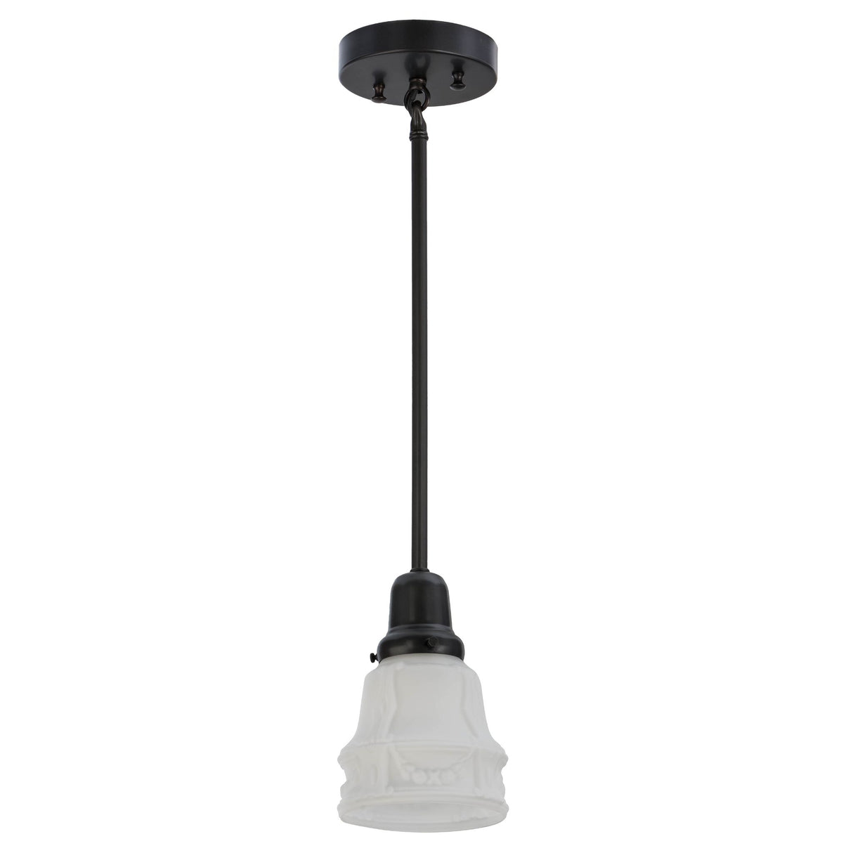 Unlit view of white blown-glass shade with solid brass hardware in a Craftsman Brown finish.