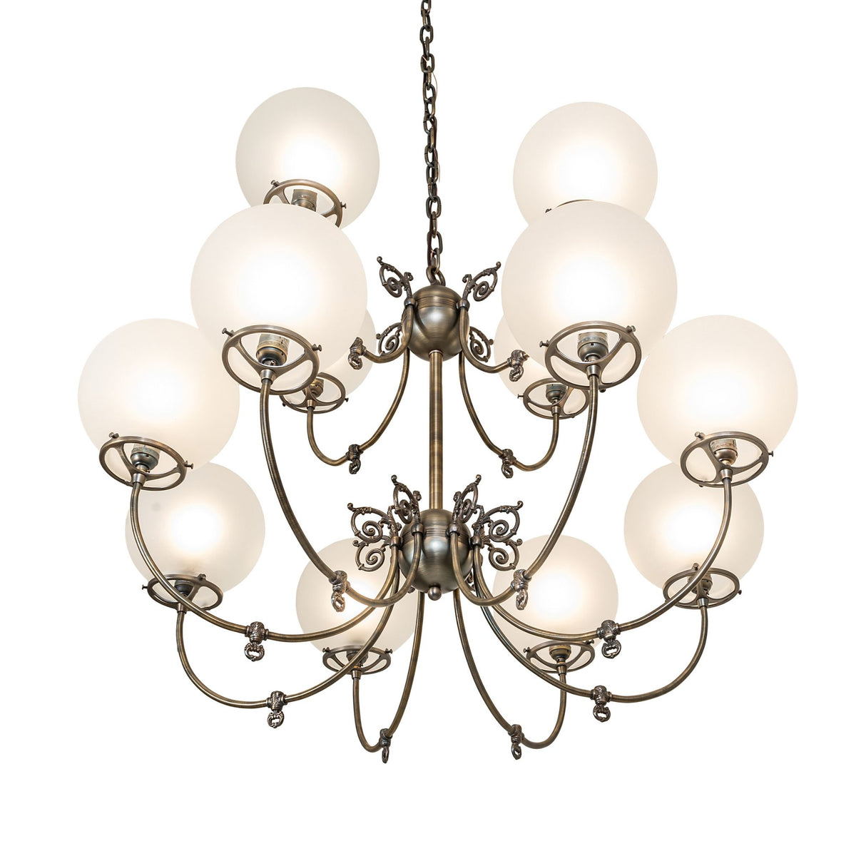Bottom angle view of 12-light chandelier showing globe layout and central structure.