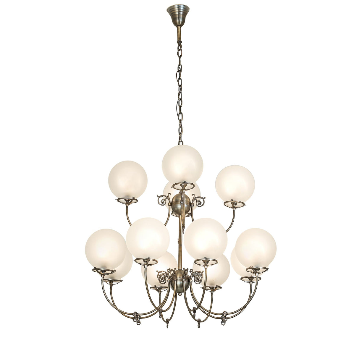 Full view of Revival gas and electric 12-light chandelier with frosted globes.