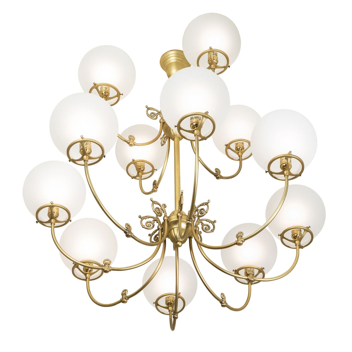 Bottom view of Revival 12-light chandelier showing globe shade layout.