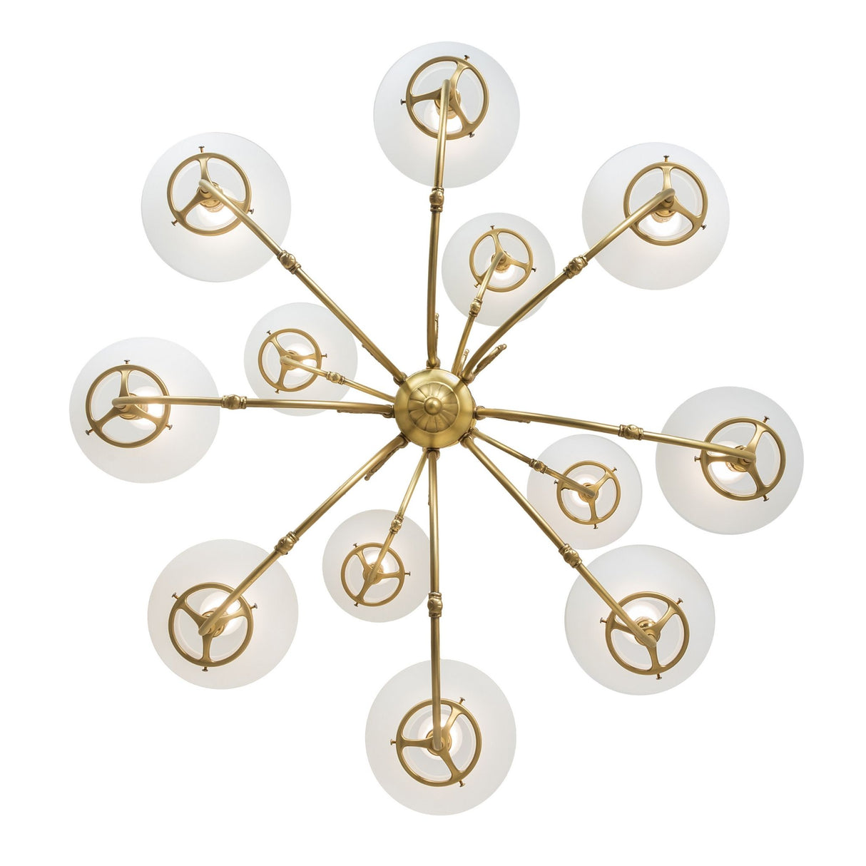 Ceiling view of chandelier showing arm with frosted globes.