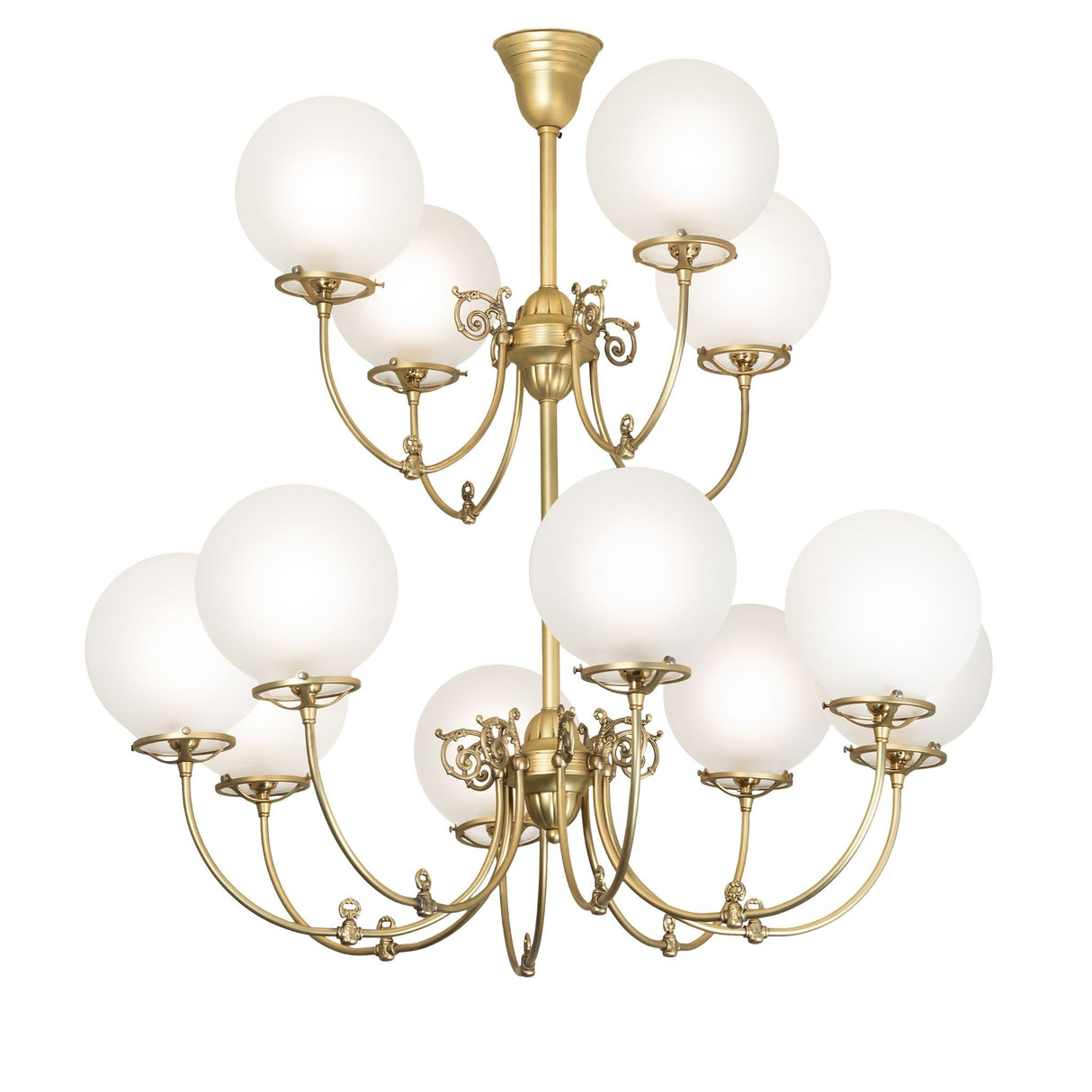 Lit view of polished brass 12-light chandelier with frosted globe shades.