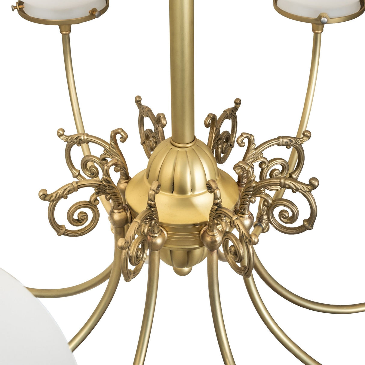 Detailed scrollwork accents on polished brass Revival gas electric chandelier.