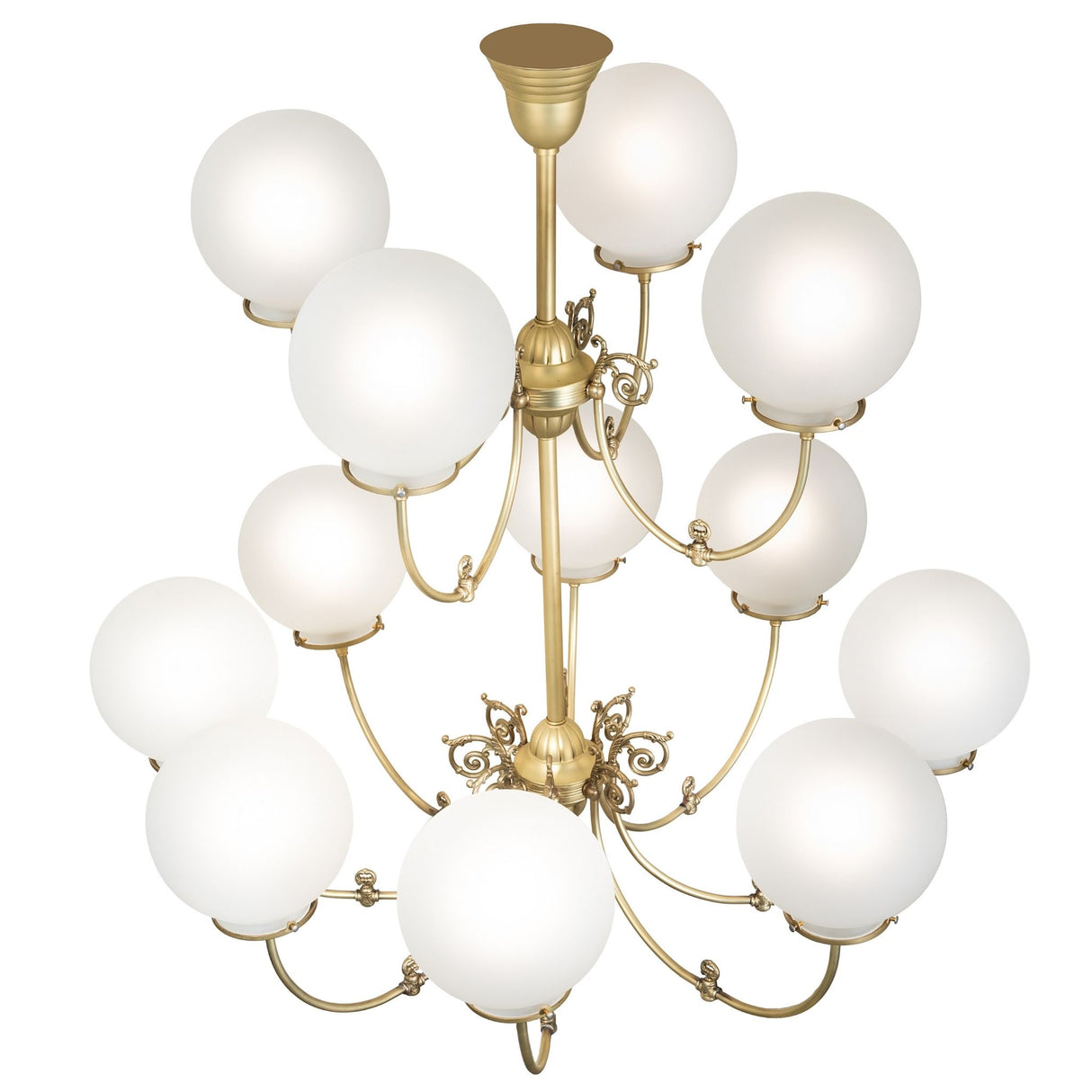 Top angled view of Revival 12-light chandelier with globe shades.