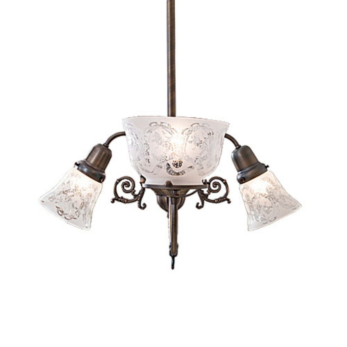 Angled view of revival gas and electric chandelier showing curved arms and decorative scrollwork.