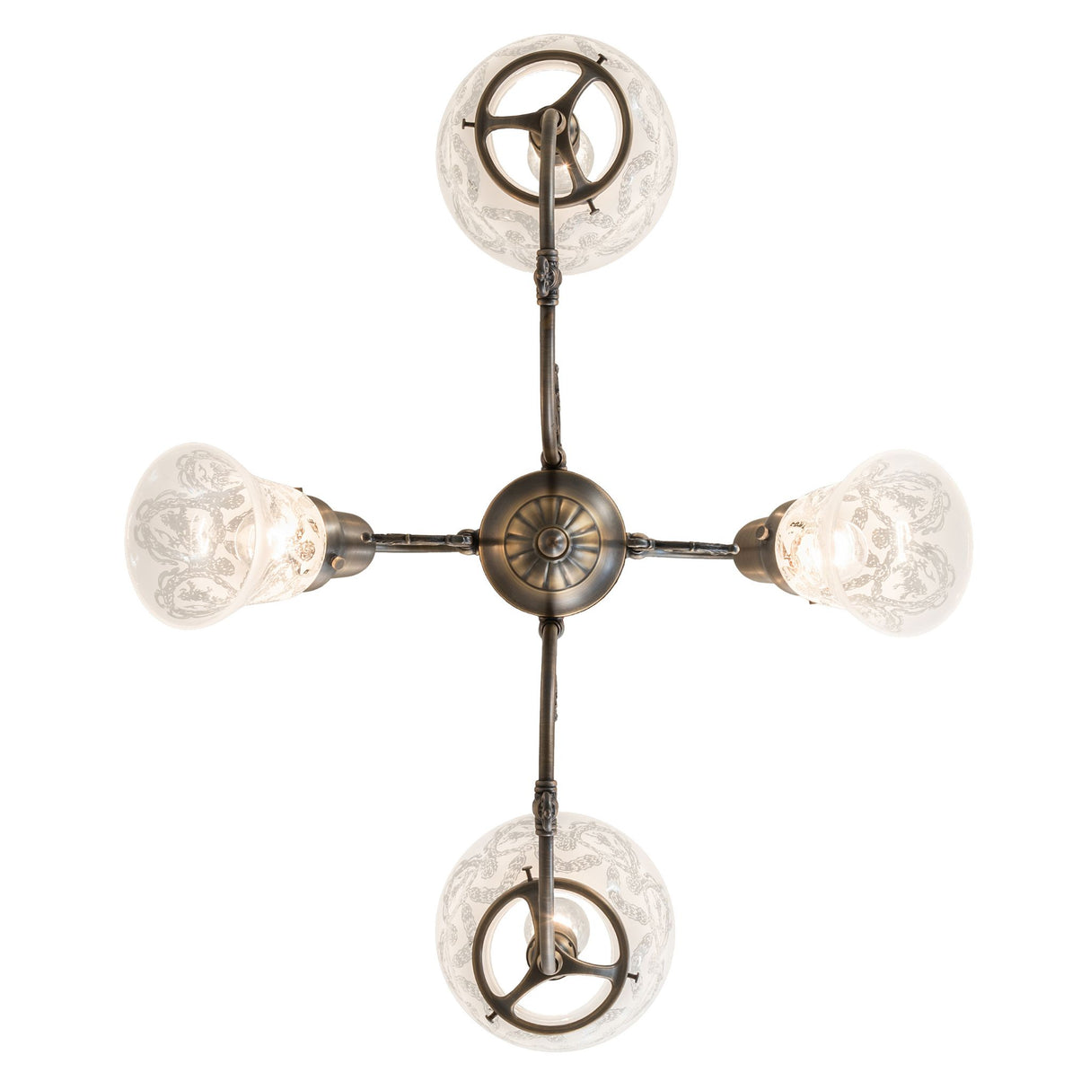 Bottom view of chandelier showing etched glass shade interiors.