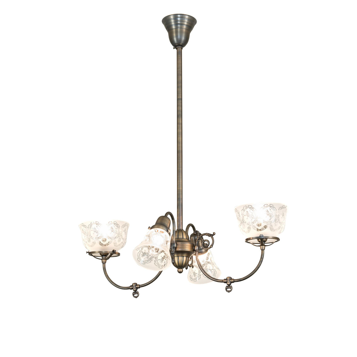 Revival gas and electric chandelier showing etched glass shades and antique brass detailing.