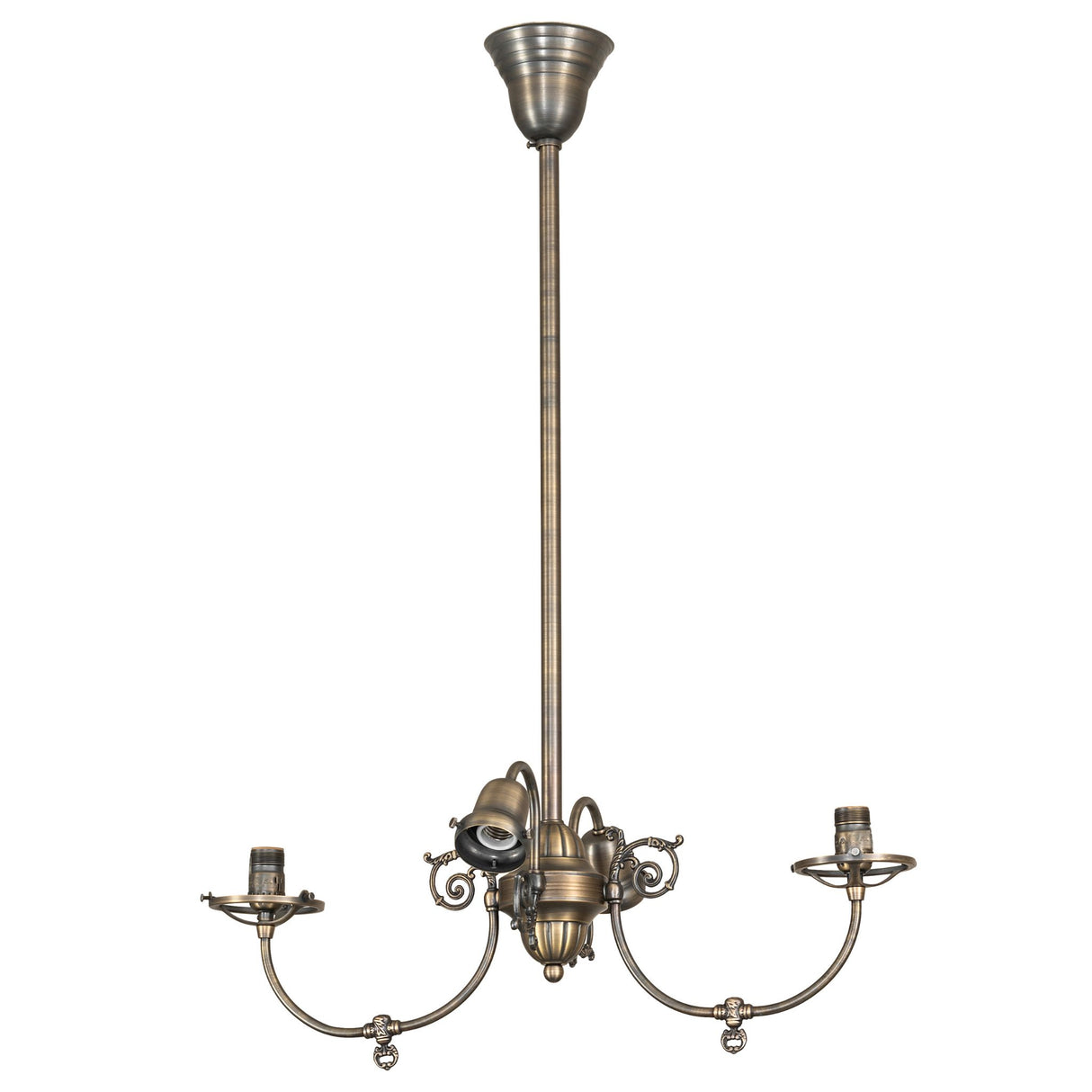 Full view of 4-light chandelier with extended rod and antique brass finish without shades.