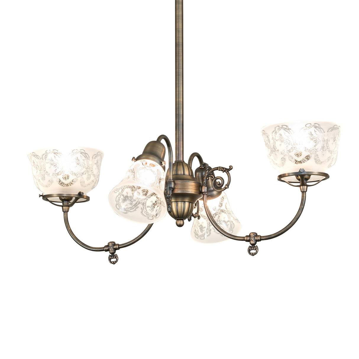 Lit view of 4 light chandelier with etched glass shades and antique brass finish.
