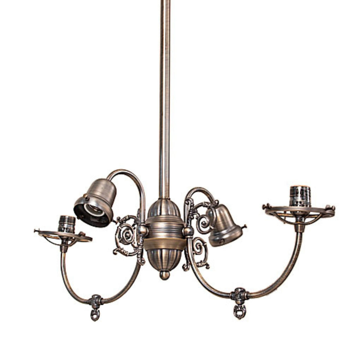 Revival gas and electric chandelier without glass shades highlighting metal construction.