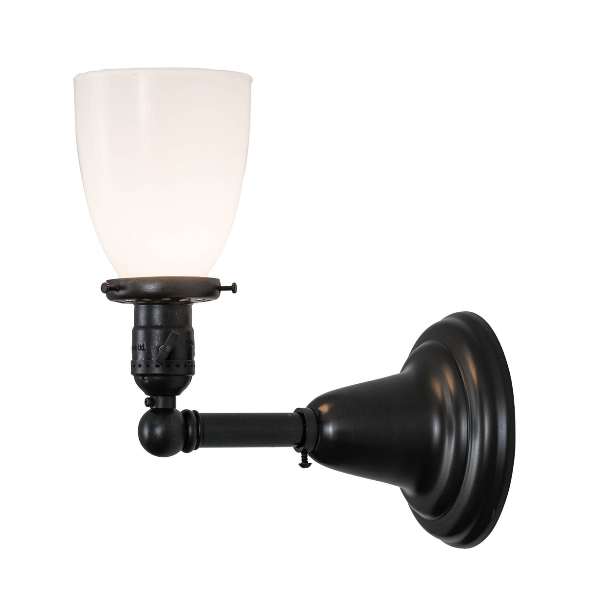 Side view of the Revival Goblet Wall Sconce showcasing its opal white goblet shade and brass hardware.