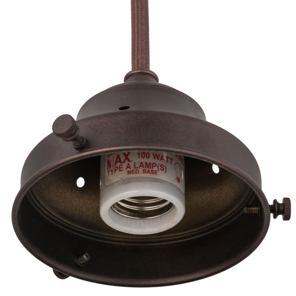 Mahogany bronze pendant hardware showing closeup of socket interior.