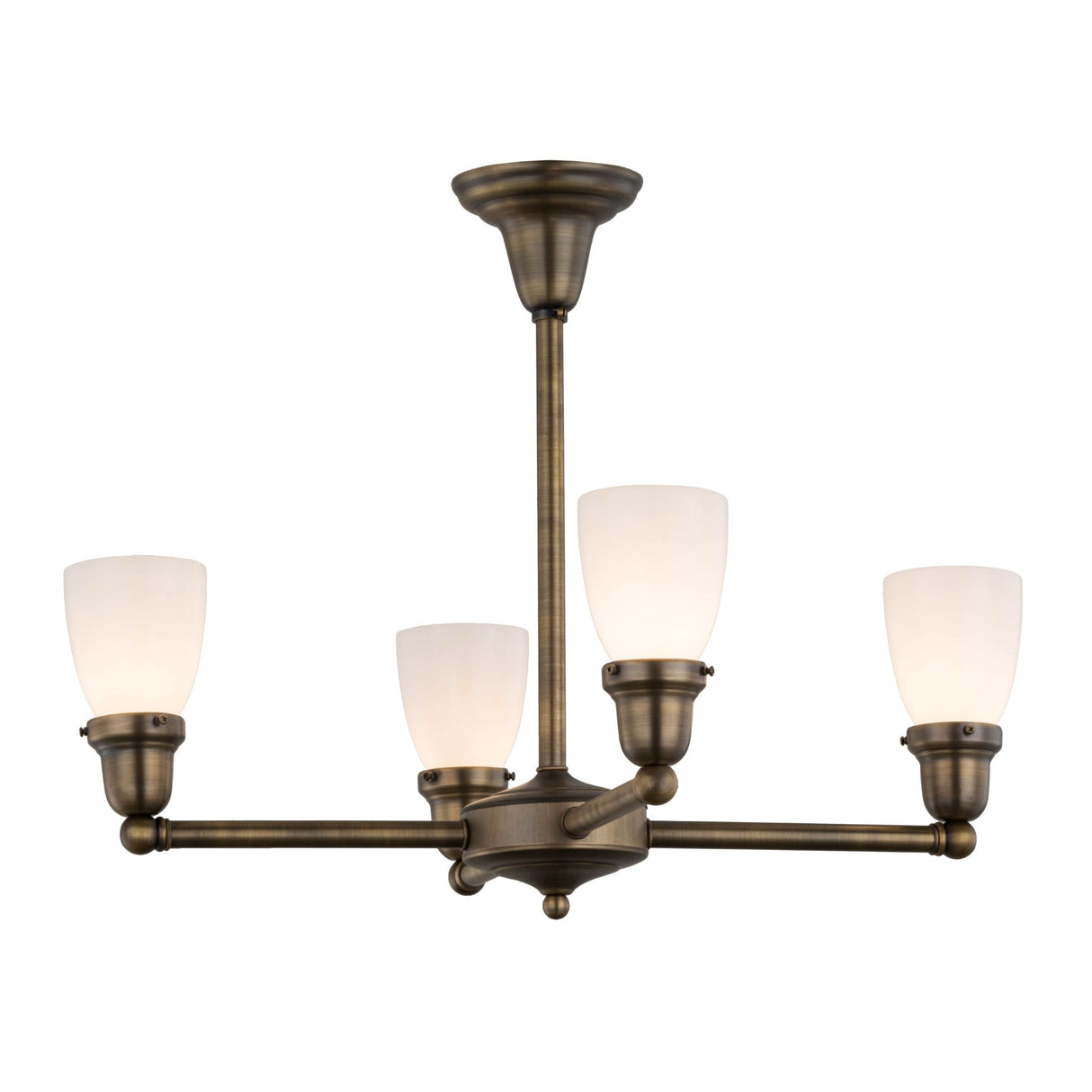 Elegant brass chandelier with four antique white glass shades.
