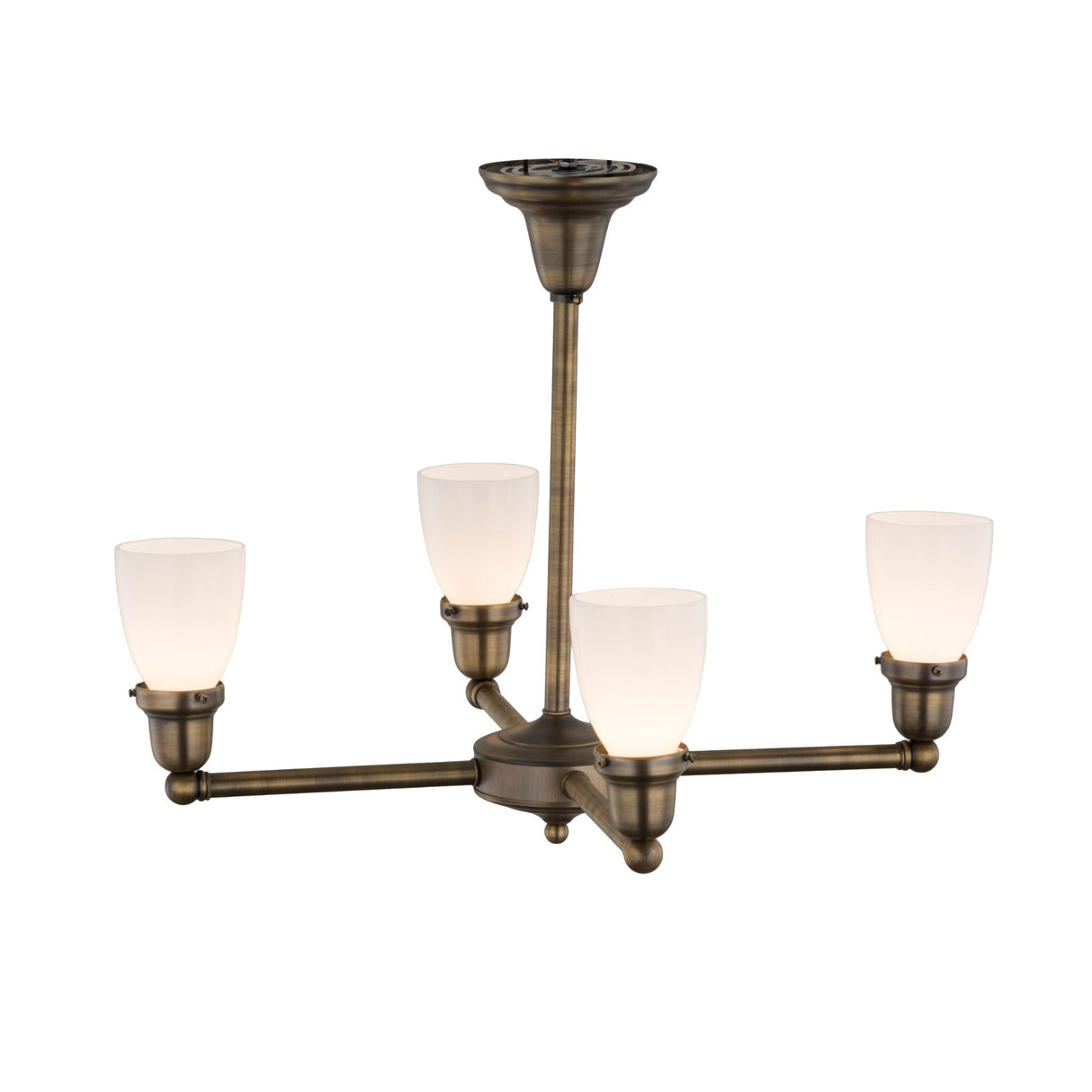 Angled view of antique brass chandelier with white goblet shades.