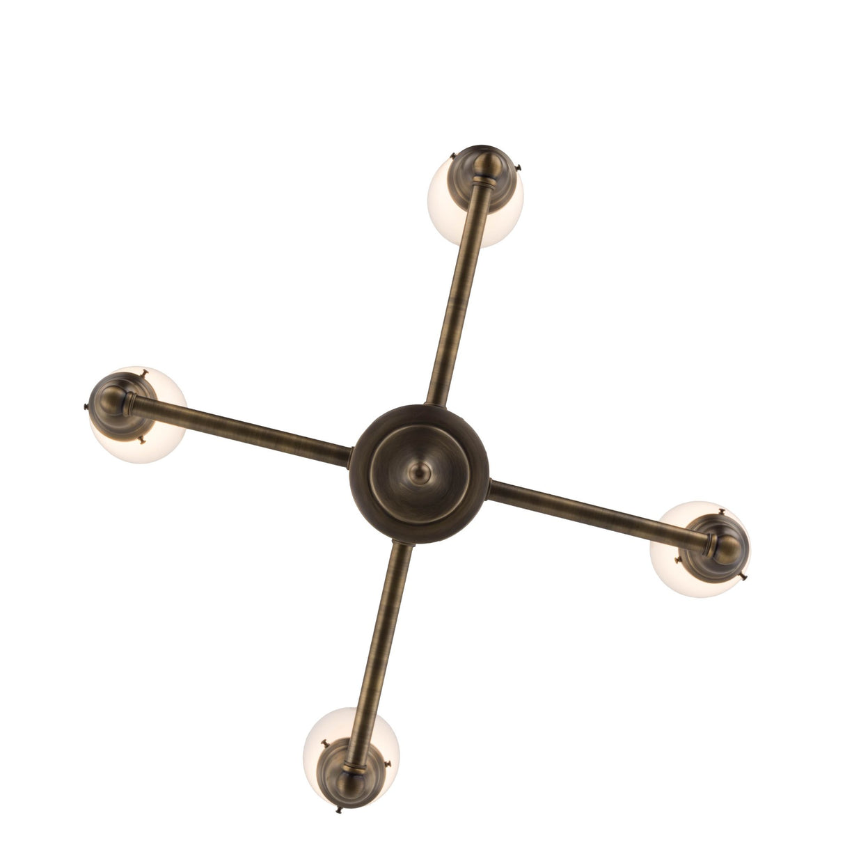 Bottom view of four-light chandelier with antique brass finish.