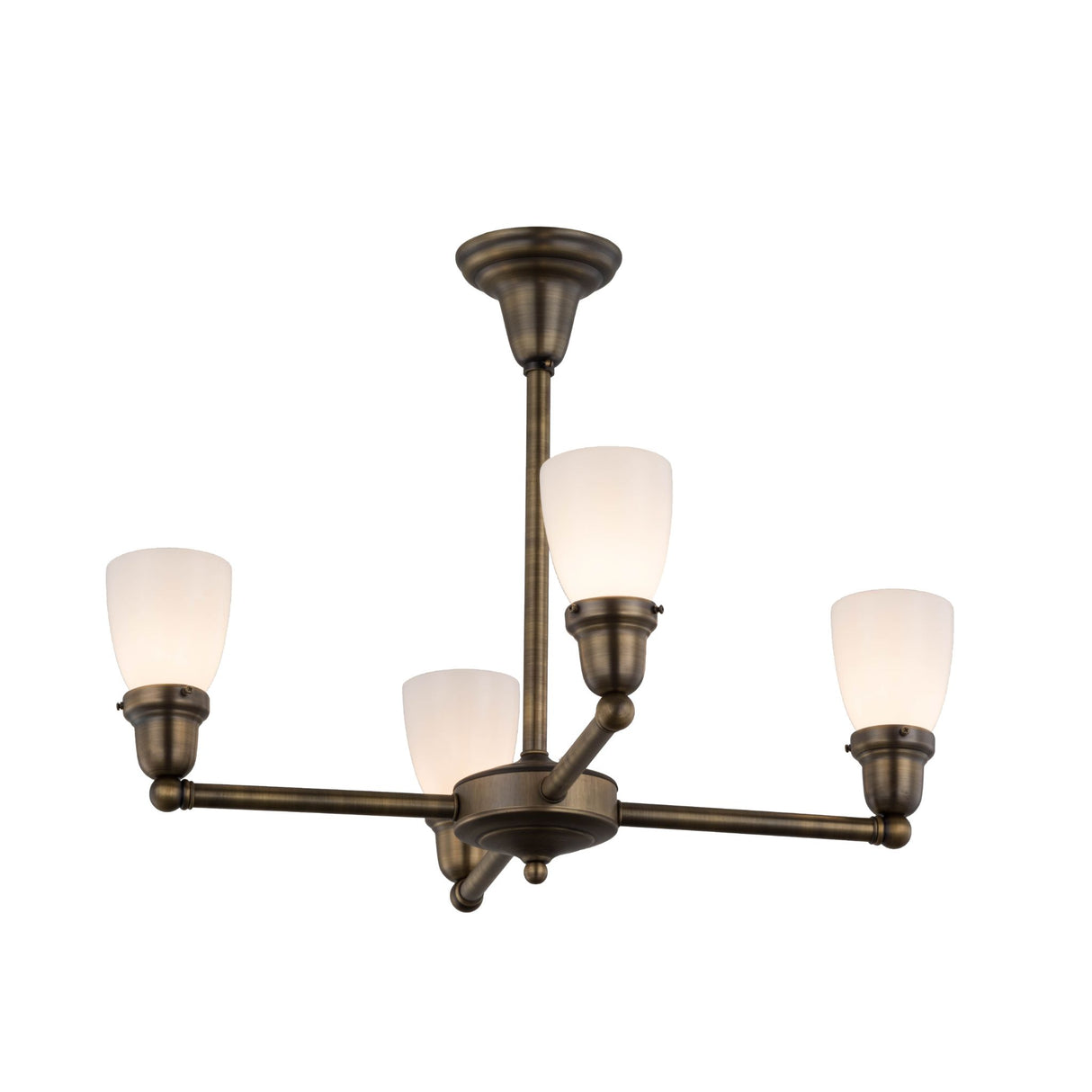 Close-up of brass chandelier’s center with intricate detailing.