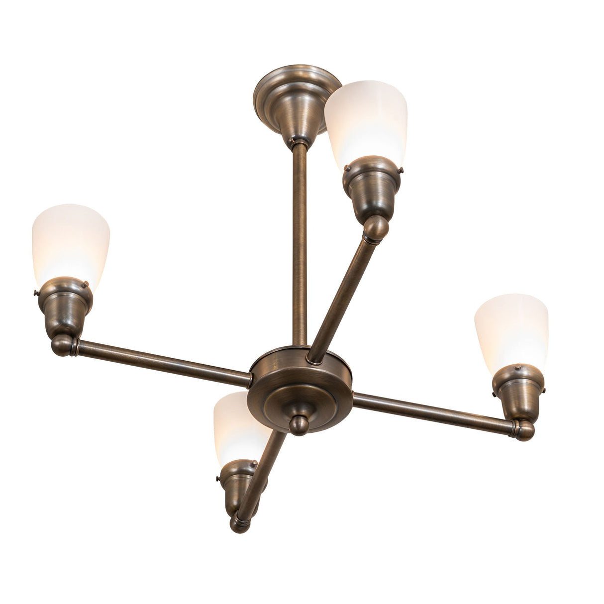 Antique brass chandelier with sleek arms and vintage glass shades.