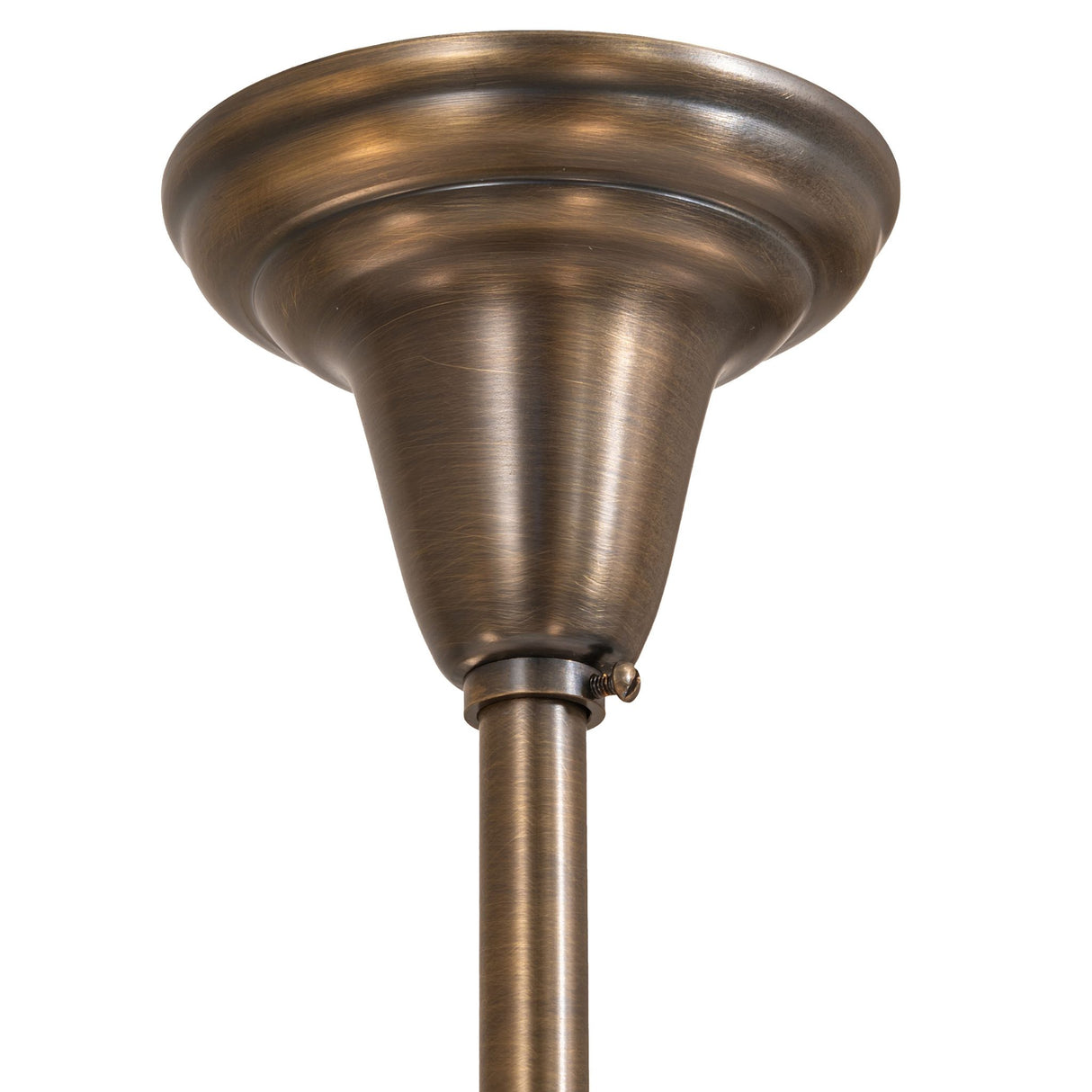 Ceiling mount detail of Oyster Bay chandelier in antique brass.