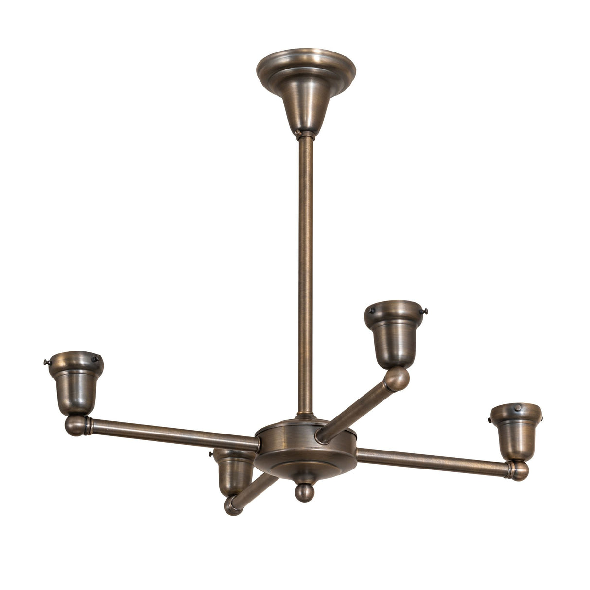 Chandelier frame without glass shades, showcasing antique brass structure.