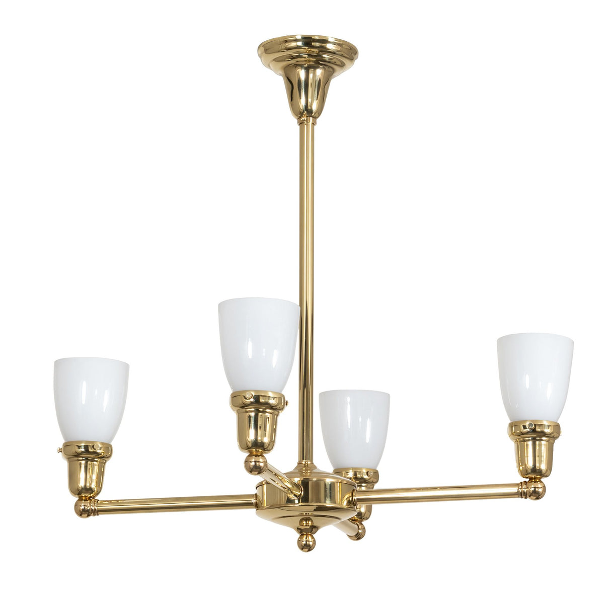 Side angle of the polished brass Revival Oyster Bay chandelier.