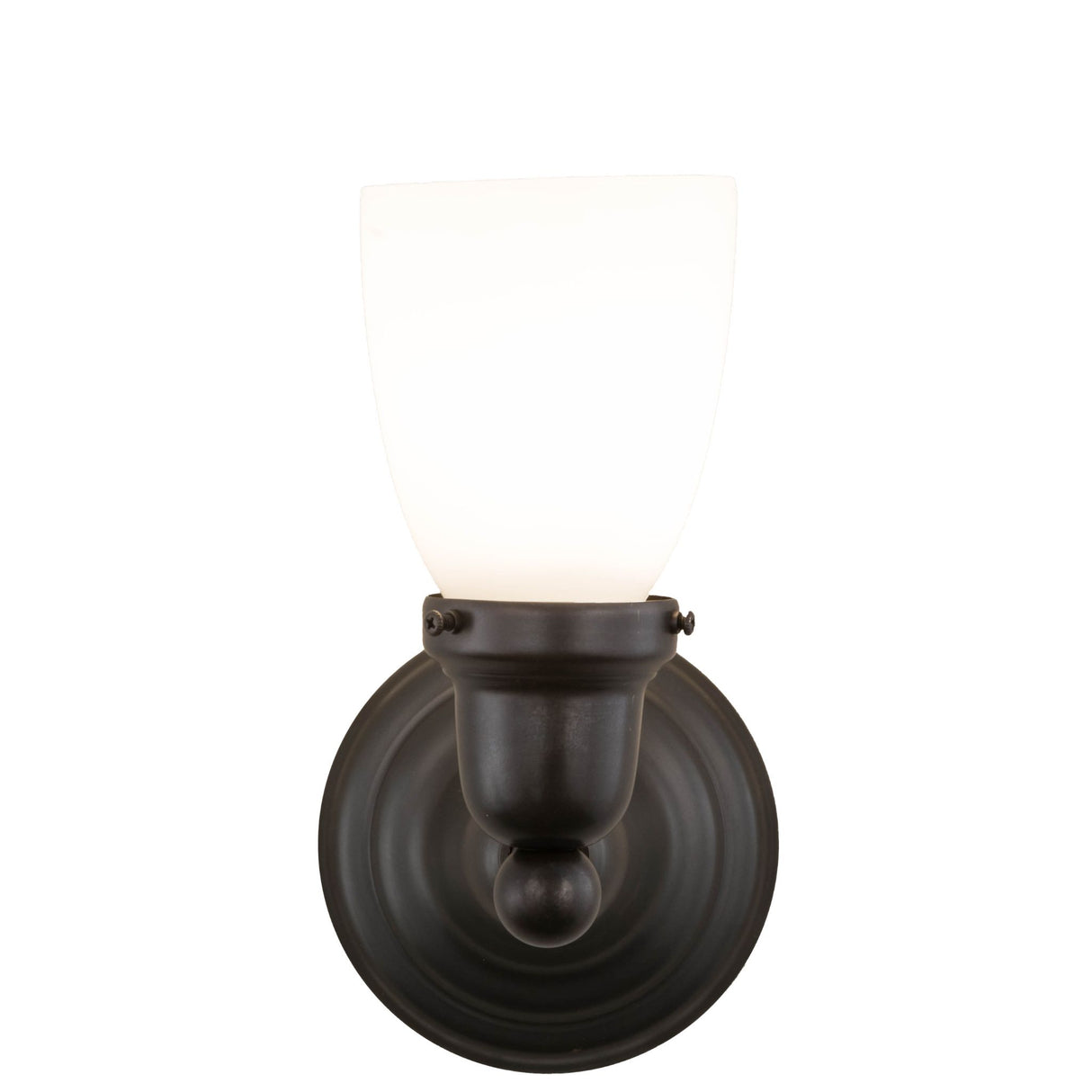 Front view with an illuminated Opal White glass shade and Craftsman Brown hardware.
