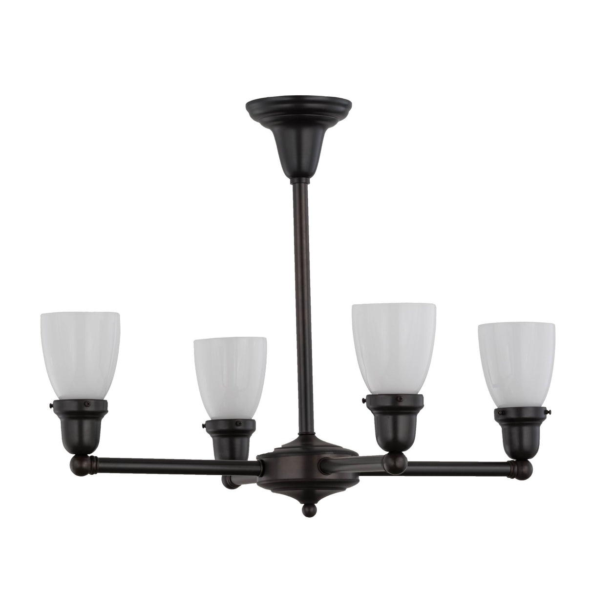 Chandelier with opal white goblet shades in Craftsman Brown finish.