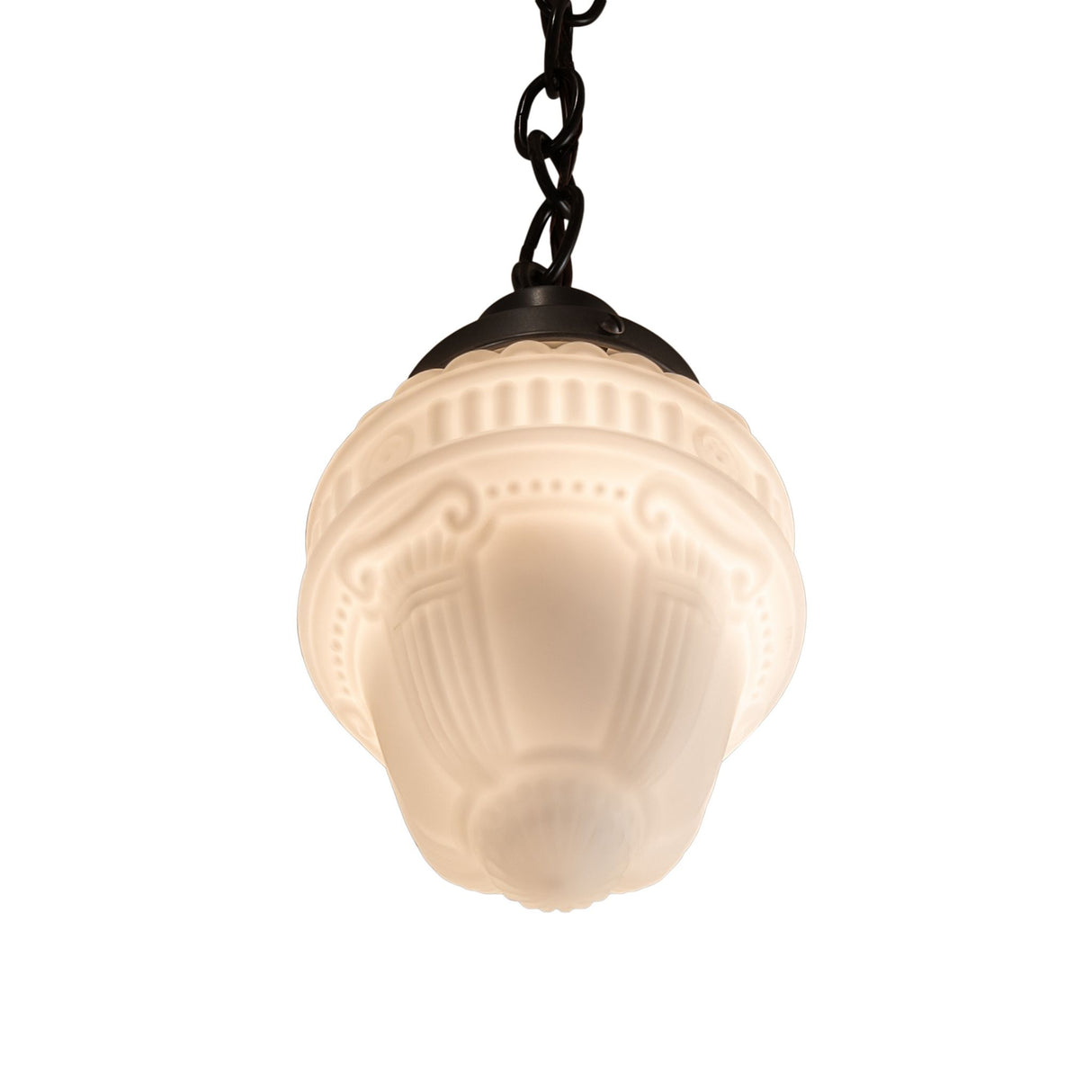 Bottom angle view of Revival Schoolhouse Pendant with Colonnade Globe.