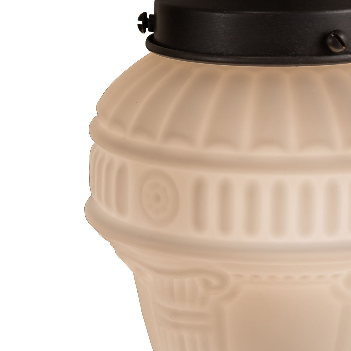 Close-up of Revival Schoolhouse Pendant showing ornate glass detailing.