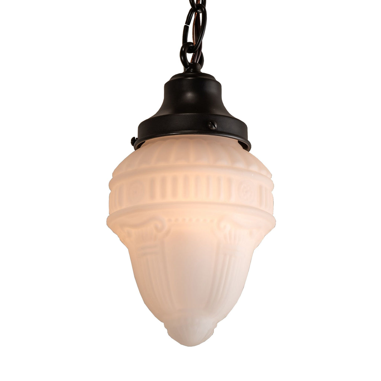 Lit view of Revival Schoolhouse Pendant with Colonnade Globe.