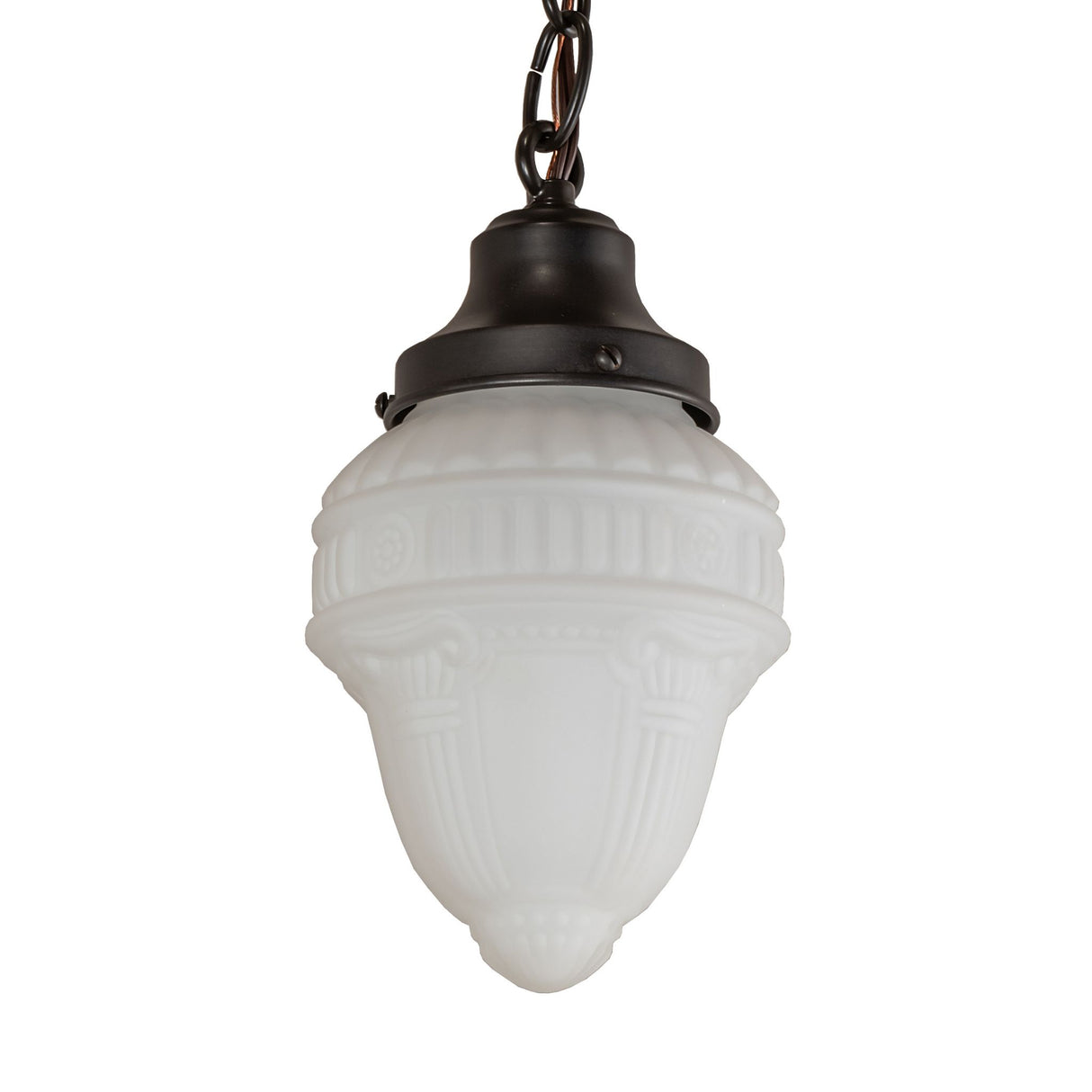Unlit view of Revival Schoolhouse Pendant with Colonnade Globe.