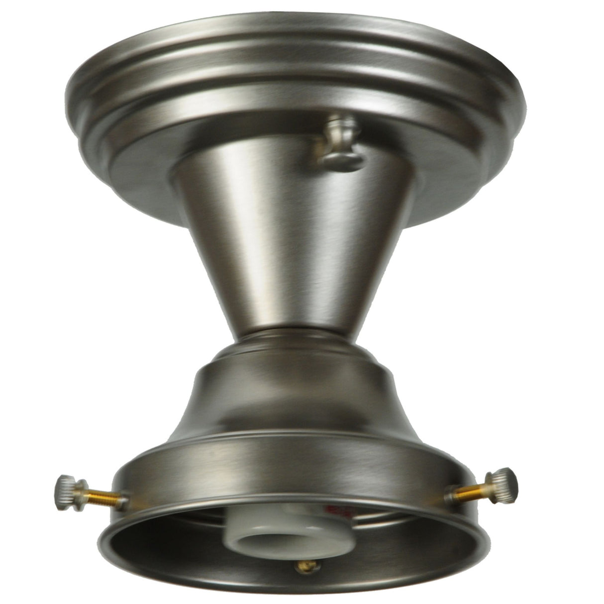 Hardware view of brushed nickel hardware on Schoolhouse Semi-Flushmount fixture.