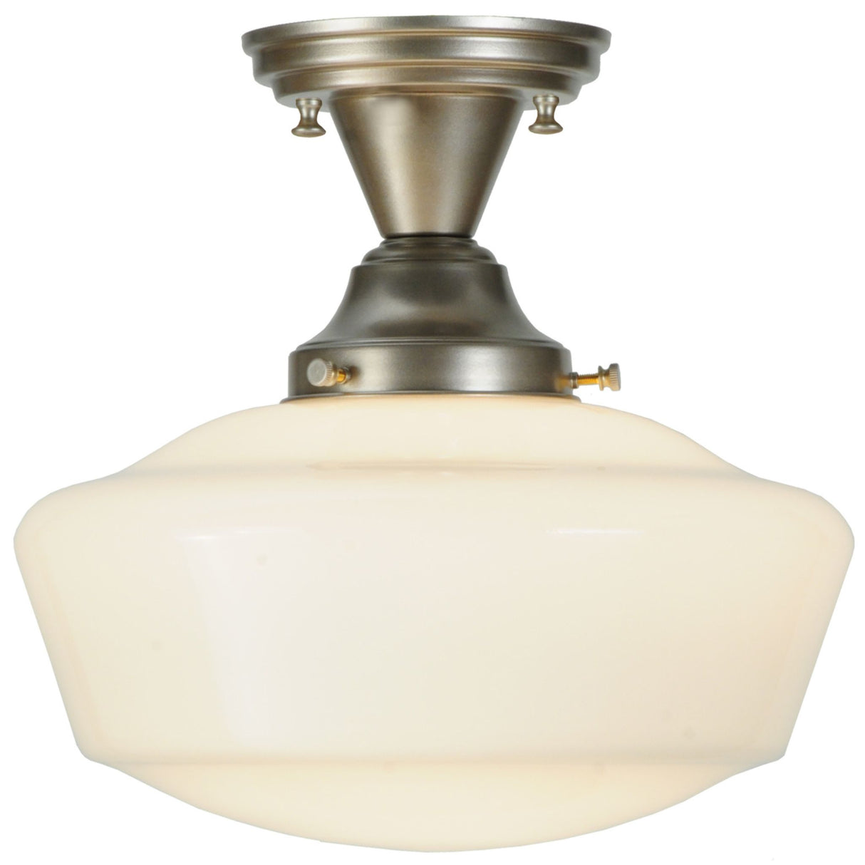 Lit view of 12" Revival Schoolhouse Globe Semi-Flushmount with opal glass.