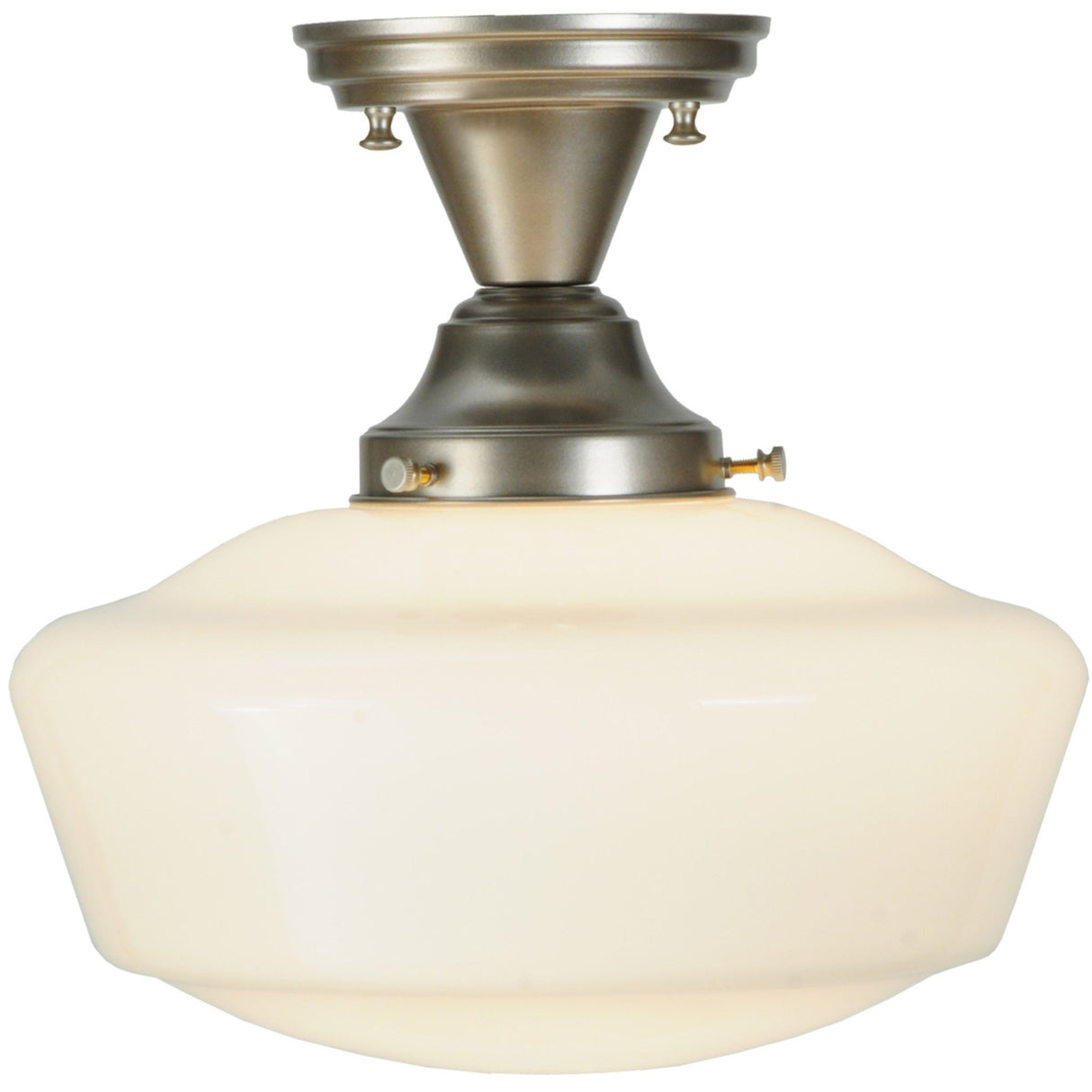 Side view of Schoolhouse Semi-Flushmount showing nickel-finished base.