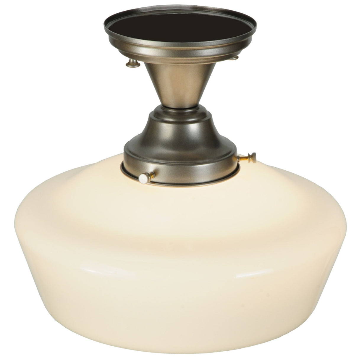 Top angle view of 12" Revival Schoolhouse Globe Semi-Flushmount in nickel finish.