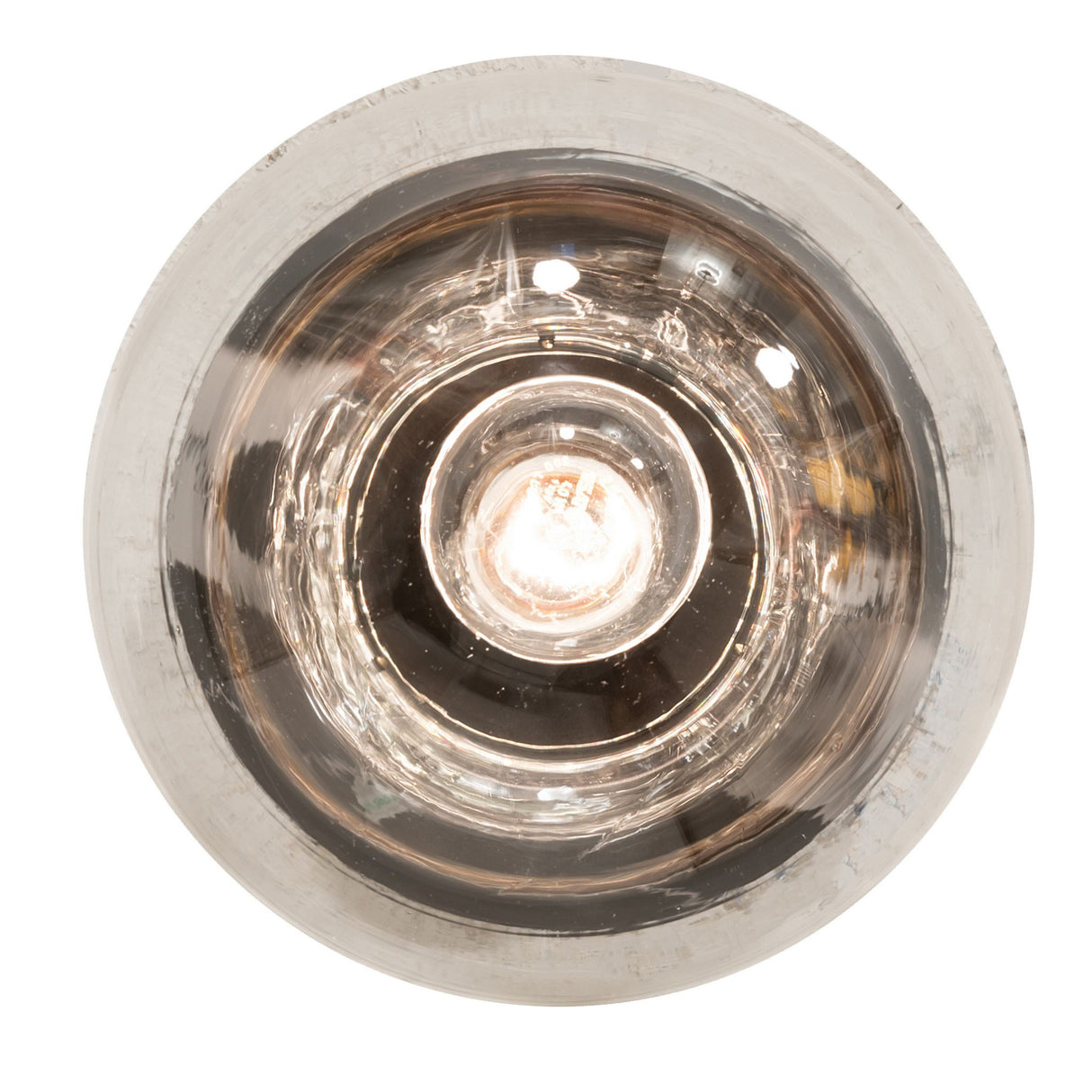 Bottom view of the illuminated Revival Schoolhouse semi-flushmount.