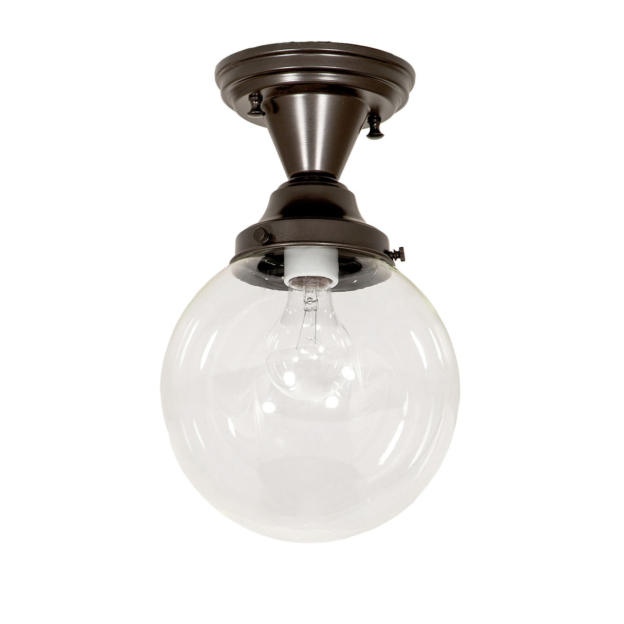 Unlit Revival Schoolhouse semi-flushmount with clear glass shade.