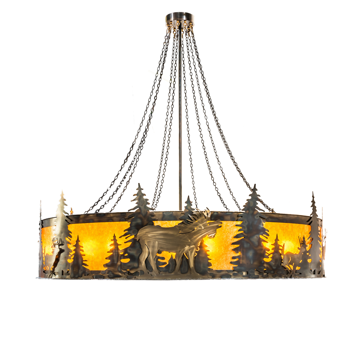 Roosevelt Big Ass Chandel-Air featuring moose and pine silhouettes lit in amber.